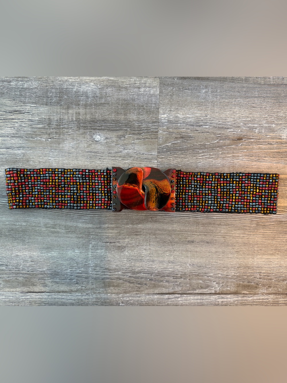 Beaded Stretch Belt Red Orange Enamel Interlocking Buckle Boho Wide Waist Belt